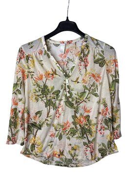 H&M Sheer Popover Blouse Top Size M Floral Hummingbirds Multicolor Polyester